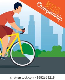 bicycles championship poster with man in bike vector illustration design