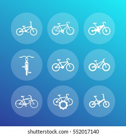 bicycles, cycling, bikes icons set, round transparent pictograms