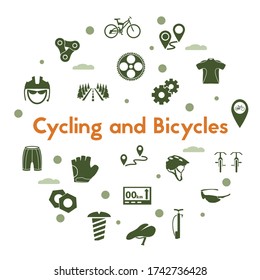 Bicycles and cycling icon set on white background.