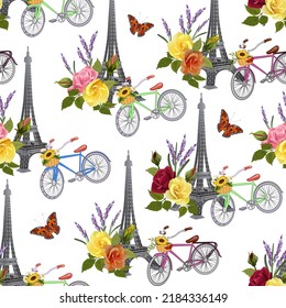 Bicycles and the Eiffel Tower.Bouquets of flowers, bicycles and the Eiffel Tower in a vector pattern on a transparent background.