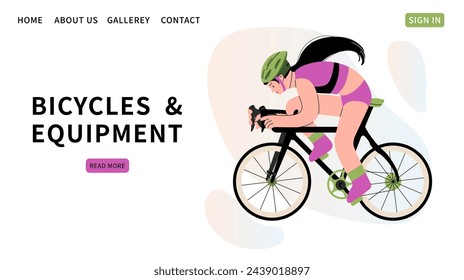 Bicycles and equipment store website template. Woman rides bicycle. Healthy lifestyle. Cyclist equipment, helmet. Background for sports shops. For website, postcard, mascot. Vector flat illustration.