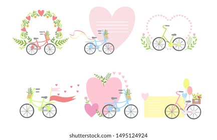 Bicycles and Floral Elements Elegant Romantic Card Templates Set with Place for Your Text Vector Illustration