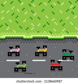 bicycles in the garden, pixel art. Vector illustration.