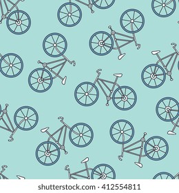 Bicycles hand drawn background. Doodle wallpaper vector. Colorful seamless pattern with bicycle icon