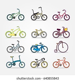Bicycles icons set in flat style design. Vector illustrations of different type retro bike
