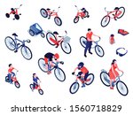 Bicycles isometric icons set with sport mountain city kids bikes trailers for child pet cargo vector illustration 