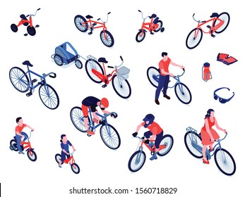 Bicycles Isometric Icons Set With Sport Mountain City Kids Bikes Trailers For Child Pet Cargo Vector Illustration 