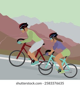 Bicycles, mountain biking of traveling at mountain landscape background. Flat vector illustration.