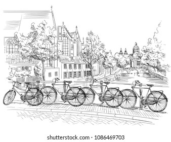 Bicycles on bridge over the canals of Amsterdam, Netherlands. Landmark of Netherlands. Vector hand drawing illustration in black color isolated on white background.