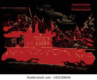 Bicycles on bridge over the canals of Amsterdam, Netherlands. Landmark of Netherlands. Vector hand drawing illustration in red color isolated on black background.