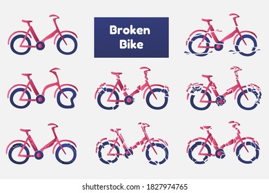 Bicycles on a light gray background, broken. A dented broken bike, repair is fast and of high quality. Hand over scrap metal. Destroyed frame and wheels.