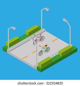 Bicycles on a road on a blue background, isometric