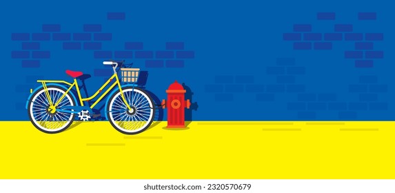 Bicycles parked against the roadside blue wall. kids art. cartoon banner template, poster, books