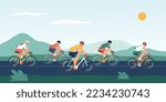 Bicycles race flat vector illustration with group of traveling bikers at mountain landscape background
