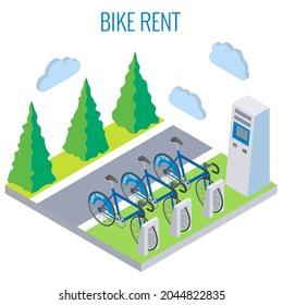 Bicycles for rent and cashier machine for payment, flat vector isometric illustration. Bike rental, city eco transport parking, bike sharing service.