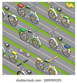 Bicycles riding back and forth on multi-lane street (isometric illustration)