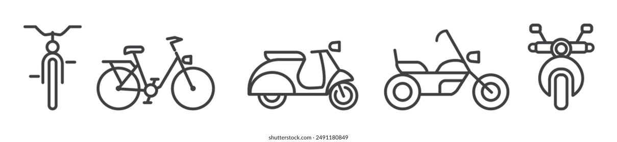 bicycles, scooter and motor bike editable thin line icon set on white background - vector illustration 