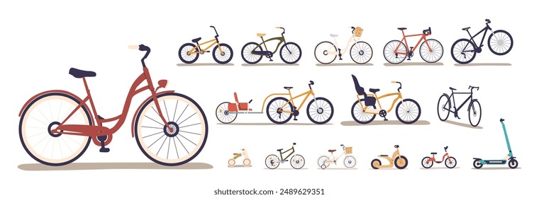 Bicycles And Scooters In Different Styles And Designs Include Two-person Bikes, Children Bikes, And Electric Scooters