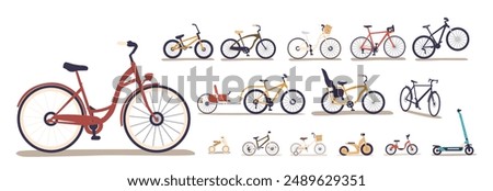 Bicycles And Scooters In Different Styles And Designs Include Two-person Bikes, Children Bikes, And Electric Scooters