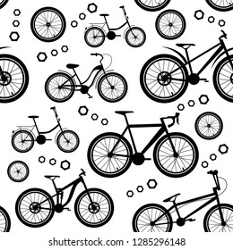 Bicycles. Seamless pattern of bicycle parts.