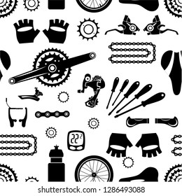 Bicycles. Seamless pattern of bicycle parts.
Isolated vector image.