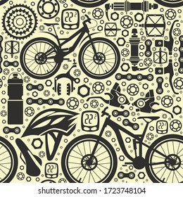 Bicycles. Seamless pattern of bicycle parts. Isolated vector image.