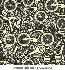 Bicycles. Seamless pattern of bicycle parts. Isolated vector image.