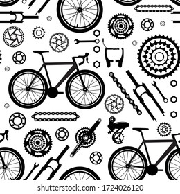 Bicycles. Seamless pattern of bicycle parts. Isolated vector image