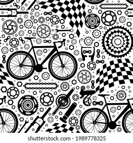 Bicycles. Seamless pattern of bicycle parts. Isolated vector image.