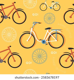 Bicycles seamless pattern. Mechanical eco friendly transport, two wheeled bikes, city cycles, active recreation, sports. Decor textile, wrapping, wallpaper. Print for fabric. Vector background