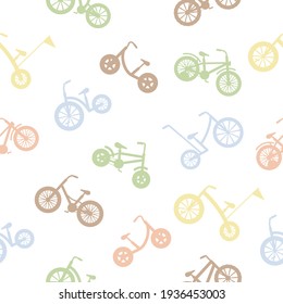 Silhouettes de patrón sin costura. Bicicletas coloridas para niños. Estilo de vida saludable en diferentes colores. Concepto de vehículo deportivo. Ilustración del vector aislada en blanco