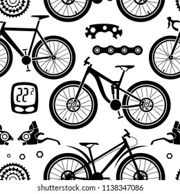 Bicycles. Seamless vector pattern with bicycle parts