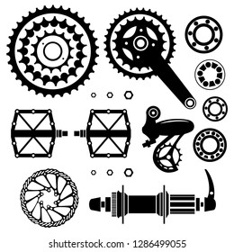 Bicycles. Set of bicycle parts. Start flag. Isolated vector image.