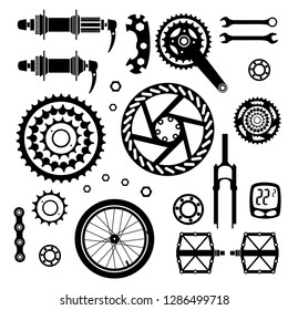 Bicycles. Set of bicycle parts. Start flag. Isolated vector image.