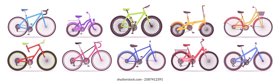 Bicycles set for different ages, human powered vehicles. Vector isolated lightweight bikes for speed on paved roads. Ecological sport transport, modern and retro two wheelers, side view