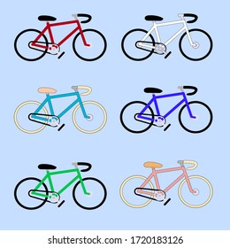 Bicycles set, different colours. Vector illustration.Icons.