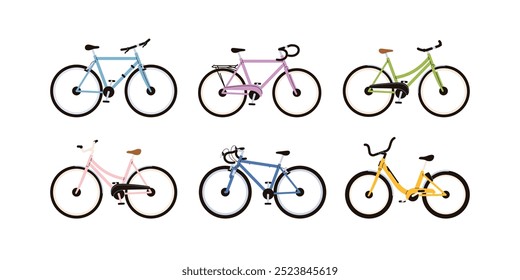 Bicicletas ajustadas. Coleção diferente de bicicletas de montanha. Ciclos desportivos ecológicos, transporte rodoviário urbano de rodas, MTB. Veículos urbanos sustentáveis. Ilustração de vetor plano isolada no plano de fundo branco