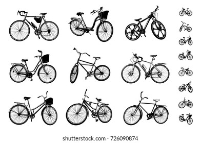 bicycles. set of different vector bicycles and their silhouettes