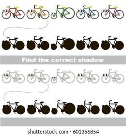Bicycles set to find the correct shadow, the matching educational kid game to compare and connect objects and their true shadows, simple gaming level for preschool kids.
