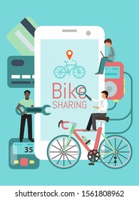 Bicycles sharing system phones app vector illustration. Service for rent bikes in the city. Big mobile phone with bicycle share application. Repair, online pay.