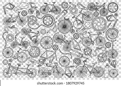 Bicycles shop doodle set. Collection of hand drawn sketches templates of parts of bike or cycle and transport vehicles on transparent background. Transportation and maintenance repair illustration.