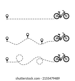Bicycles silhouette with start location pin. Black bikes shape set.  Travel concept. Vector illustration isolated on white.