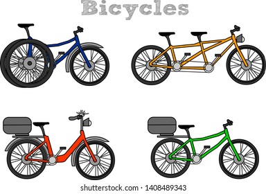 Bicycles. Three wheelers, two wheels, tandem bikes. Yellow, green, blue, red bicycle. 2d drawing vector.