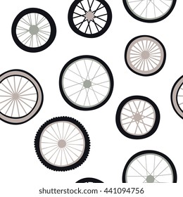 bicycles wheel seamless pattern on white background, cartoon flat style.