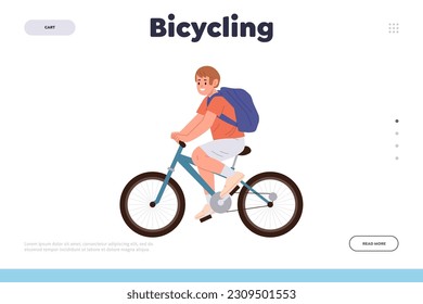 Bicycling landing page design template with happy cartoon teenager boy child cyclist character