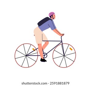 Bicyclist with backpack is on bike. Happy cyclist, rider in safety helmet cycling. Active young man rides on bicycle, does sport at walk. Flat isolated vector illustration on white background