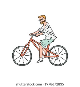 Bicyclist or bikeman male cartoon character riding bike, sketch vector illustration isolated on white background. Modern urban eco vehicle and active lifestyle.
