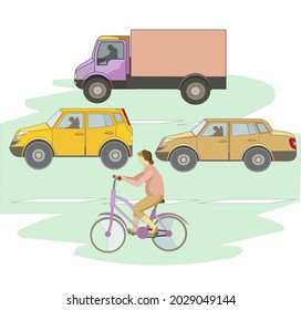 Bicyclist, Cars, Cargo van driving on traffic lanes on white isolated background, Different modes of transport on city road in Cartoon style for prints, cards, booklets, icons for apps and Websites.