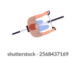 Bicyclist does sport, cycling top view. Seen above head cyclist ride a bike outdoors. Overhead of sportsman training, walking with bicycle. Flat isolated vector illustration white background