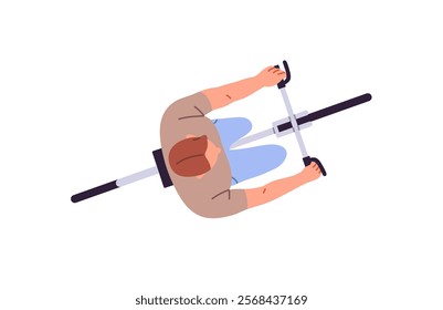 Bicyclist does sport, cycling top view. Seen above head cyclist ride a bike outdoors. Overhead of sportsman training, walking with bicycle. Flat isolated vector illustration white background